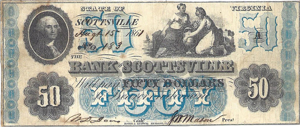 $50 Bank of Scottsville bank note, printed by Hoyer & Ludwig