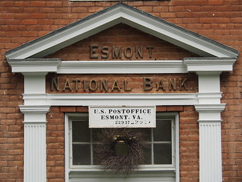 Front Door sign of the Esmont National Bank and Esmont Post Office, 2018