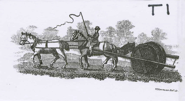T1 woodcut of two horses in a series pulling a hogshead