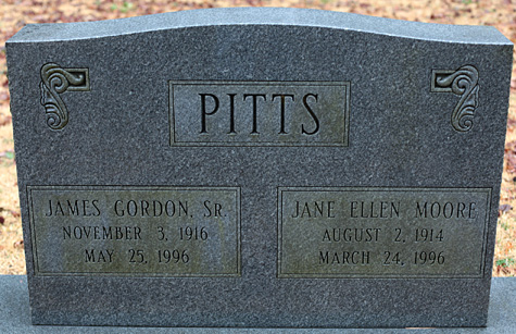 James Gordon Pitts and Jane Ellen (Moore) Pitts Gravestone,  Varina Episcopal Church Cemetery