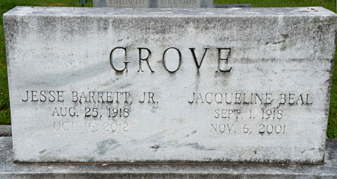 Jesse Barrett Grove, Jr. and Jacqueline Beal Grove Gravestone, Scottsville Cemetery