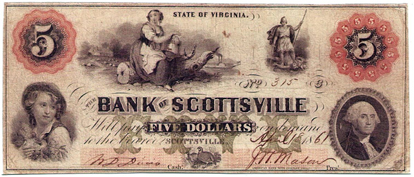 $5 Bank of Scottsville bank note, Aug. 16, 1861