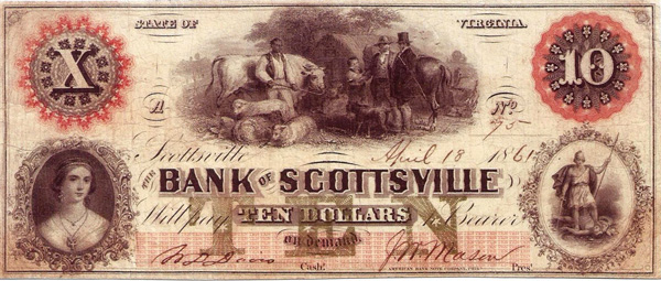 Bank of Scottsville, $10 bill, April 18, 1861