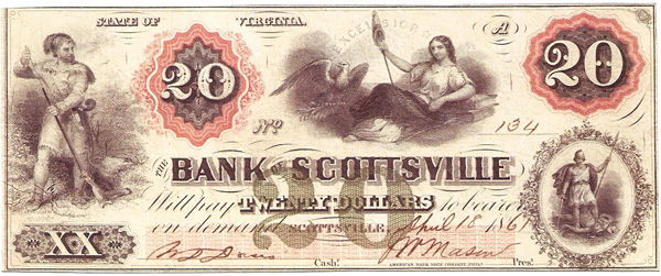 $20 Bank of Scottsville bank note, 18 April 1861