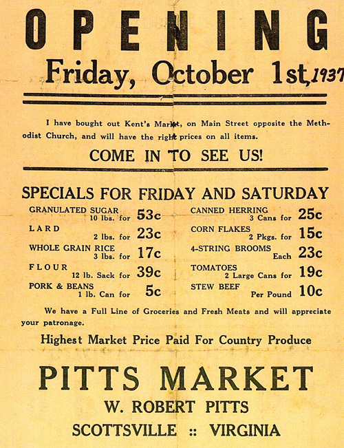 Pitts Market advertisement for opening day,  01 Oct. 1937