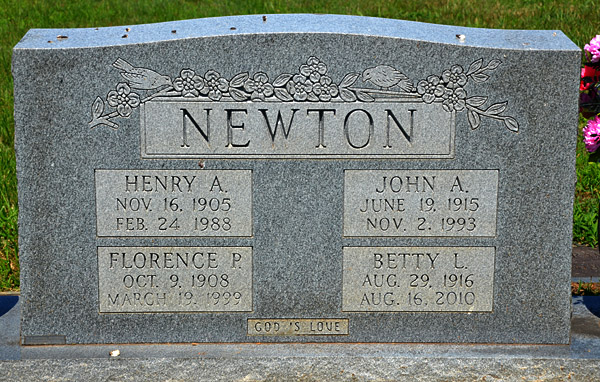 Henry A., Florence P., John A., and Betty L. Newton Gravestone 