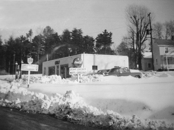 Green Mountain Service Center after winter snow storm, late 1950's