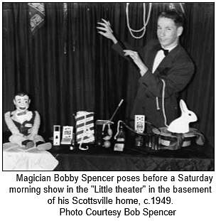 Magician Bobby Spencer poses before a magic show in his basement, ca. 1949.