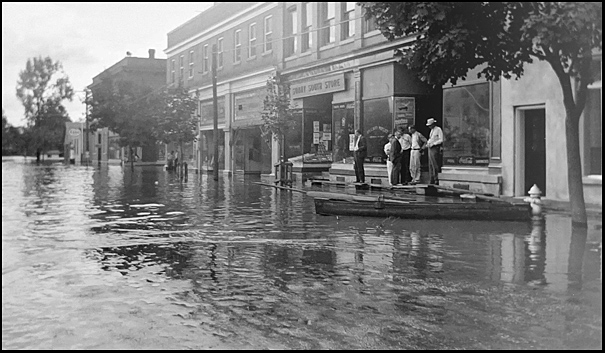 1935 Flood on Main St., Looking at Dorrier Store and Bruce Drugstore