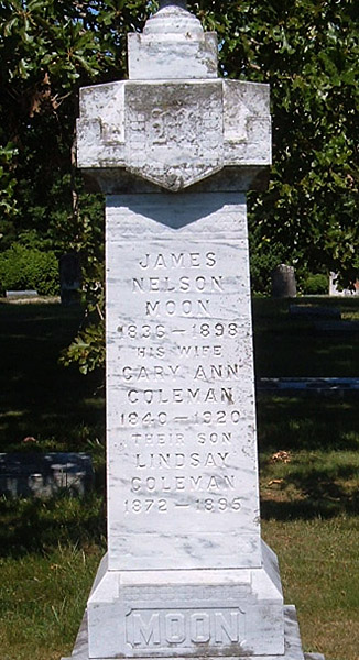 Gravestone of  James Nelson Moon, Cary Ann Coleman Moon, and Lindsay Coleman Moon, Scottsville Cemetery