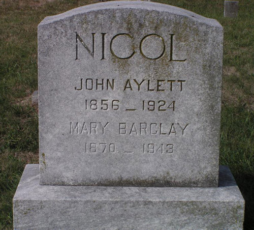 Gravestone of John Aylett Nicol and Mary Barclay Moon at Manassas Cemetery, VA