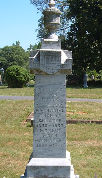 Gravestone of Nathaniel T. Sclater, Moylin Moon Sclater, and Frances Moon Butts at Scottsville Cemetery