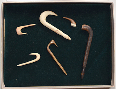Fish hooks made by Monacans out of deer antler and bone