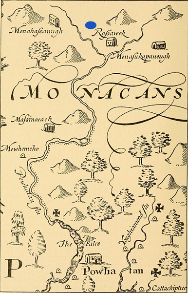 Rassawek on John Smith's Map of Virginia, 1606