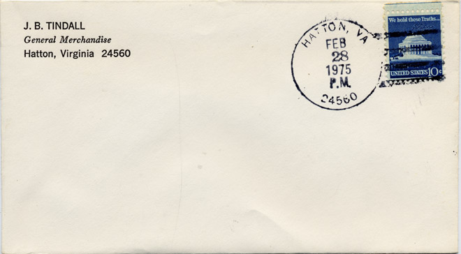 J.B. Tindall General Merchandise envelope, postmarked 28 Feb. 1975