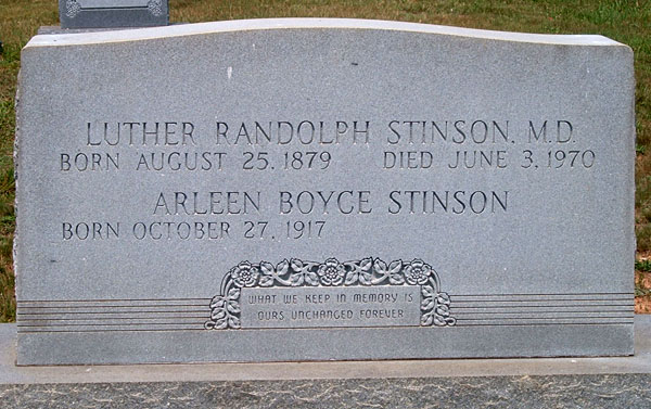 Luther Randolph Stinson, M.D., and Arleen Boyce Stinson Gravestone