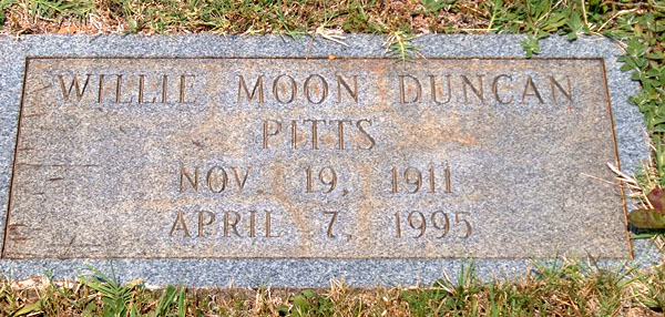 Willie Moon Duncan Pitts Gravestone