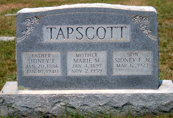 Sidney F. Tapscott, Marie M. Tapscott and Sidney F. Tapscott, Jr., Gravestone