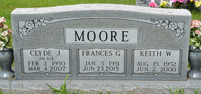 Clyde J. Jackie Moore, Frances G. Moore, and Keith W. Moore Gravestone
