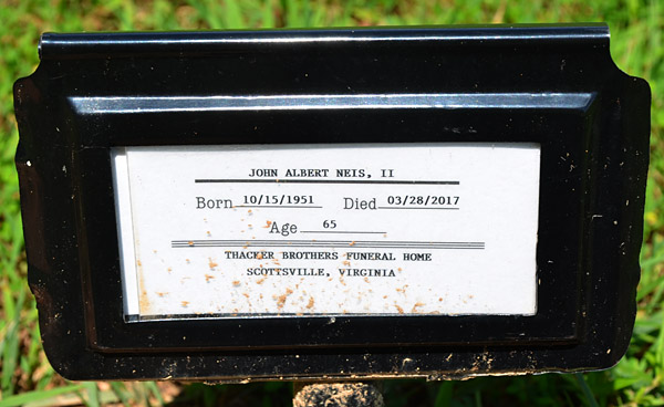 John Albert Neis, II, Gravestone