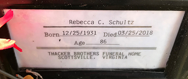 Rebecca Collier Schultz Gravestone, Scottsville Cemetery