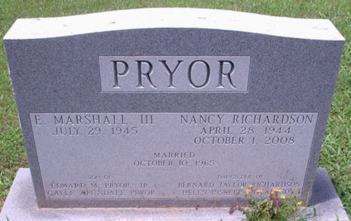 E. Marshall Pryor, III, and Nancy Richardson Pryor Gravestone, Christ Church Episcopal Cemetery