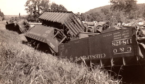 Derailed cars from the 1935 train wreck at Warren