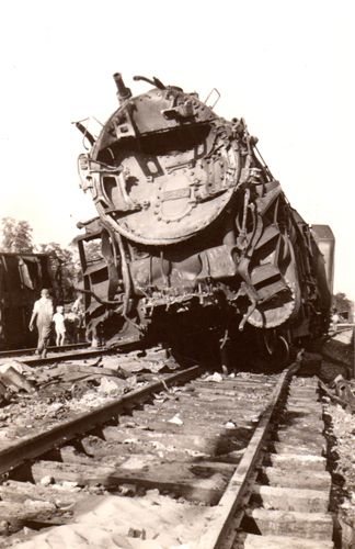 One of the 2 derailed train engines in the 1935 train wreck at Warren