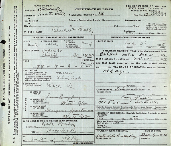 Patrick W. Bruffy death certificate, 1918