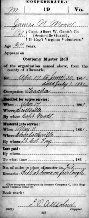 James Nelson Moon's Enlistment in 19th VA, 1861