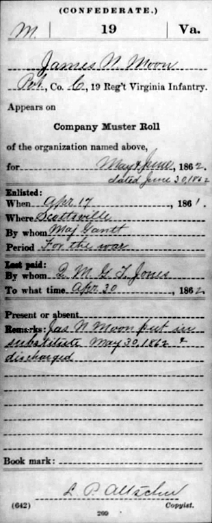 James Nelson Moon's Discharge Papers, Co. C, May 30, 1862