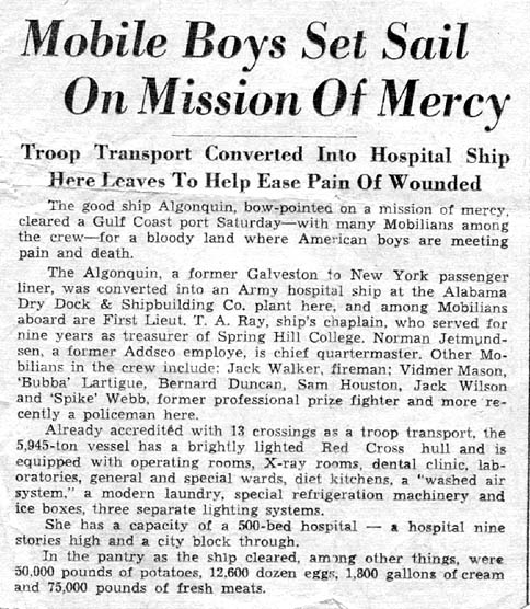 1944 Mobile Press Register article about U.S. Algonquin