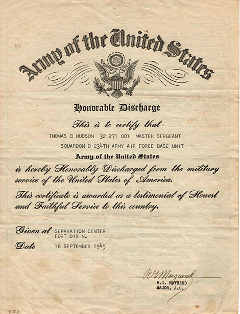 Thomas B. Hudson, Honorable Discharge from US Army Air Force