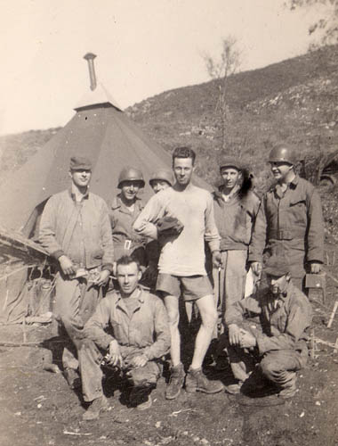 Schneider and friends outside his tent near Cassino, Italy